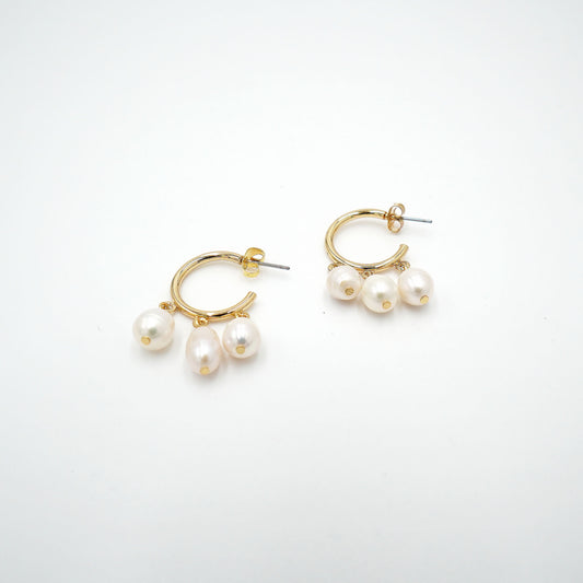 Triple Pearl Charm Hoop Earrings