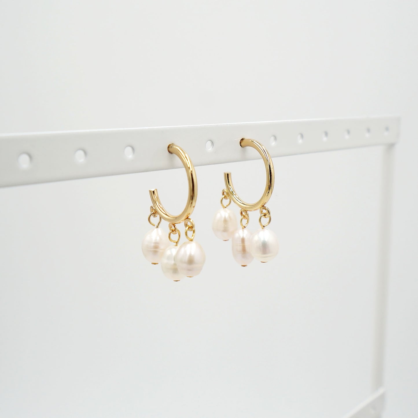 Triple Pearl Charm Hoop Earrings