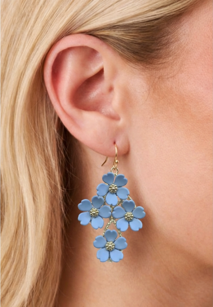 Blue Floral Cluster Drop Earrings